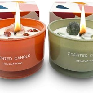 Healing Crystal Candles Chakra Jar Candle Soy Candle Gifts for Women Scented Candle Set 2 Pack Green and Orange