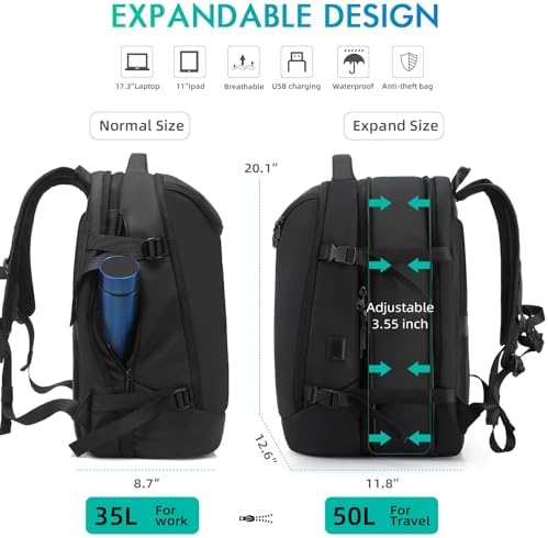 Travel Carry on Backpack 50L Expandable Flight Approved Backpacks 17.3 inch Laptop and USB Charging Port bags Water Resistant Business Back Pack for Women & Men - Image 5