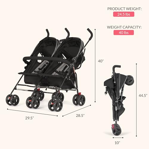 Dream On Me Volgo Twin Umbrella Stroller in Black, Lightweight Double Stroller for Infant & Toddler, Compact Easy Fold, Large Storage Basket, Large and Adjustable Canopy - Image 3