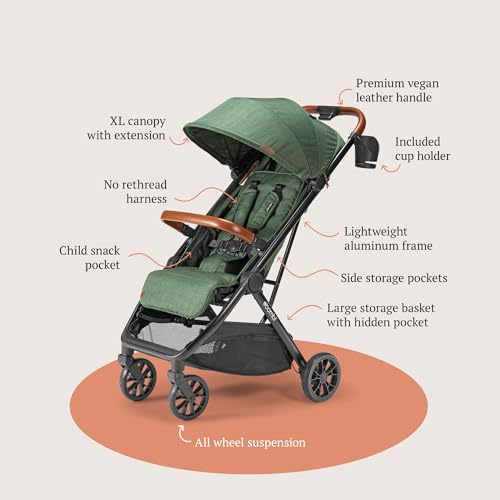 Bombi Bēbee V2 Lightweight Baby Stroller - Premium Vegan Leather, One-Hand Fold, Infinite Recline, Aircraft-Grade Aluminum Frame, XXL Canopy, and Ample Storage Umbrella Stroller - Hunter Green - Image 9