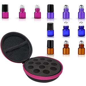 Round Hard Shell Case for 1/4 5/8 DRAM Micro Mini Roll-on Glass Bottles with Metal Roller Balls - Refillable Aromatherapy Essential Oil Roll On (HOLDS 12 VIALS) (1ML Mix bottle)