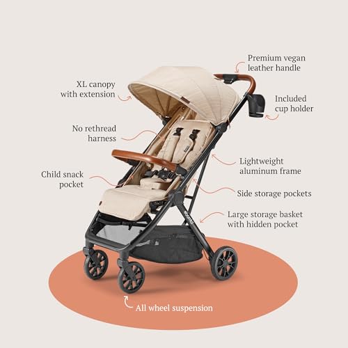 Bombi Bēbee V2 Lightweight Baby Stroller - Premium Vegan Leather, One-Hand Fold, Infinite Recline, Aircraft-Grade Aluminum Frame, XXL Canopy, and Ample Storage Umbrella Stroller - Sand - Image 9