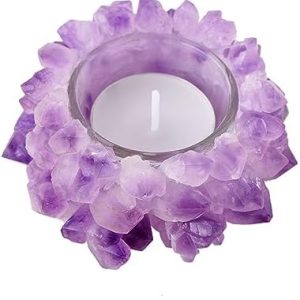 Natural Amethyst Cluster, Raw Crystal Tealight Candle Holder Crystal Stone Candle Stand High Energy Geode Votive with Healing Effects