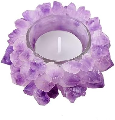 Natural Amethyst Cluster, Raw Crystal Tealight Candle Holder Crystal Stone Candle Stand High Energy Geode Votive with Healing Effects