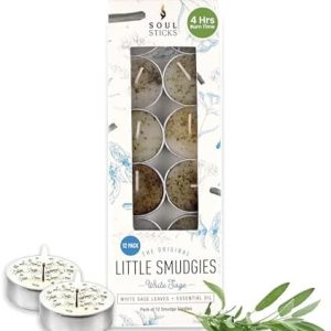 SOUL STICKS 12 Pack Little Smudgies Tealight Candles Smudge Candle for Cleansing House, Meditation, Chakra Healing | Made with Crystals and Herbs (White Sage)