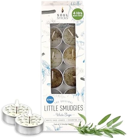 SOUL STICKS 12 Pack Little Smudgies Tealight Candles Smudge Candle for Cleansing House, Meditation, Chakra Healing | Made with Crystals and Herbs (White Sage)