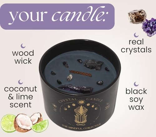 Black Crystal Candle for Women - 12oz Wood Wick Candle That Crackles with Natural Soy Wax. Luxurious Slow Burn, for Meditation. Includes Amethyst & Smokey Quartz Crystals - Image 7