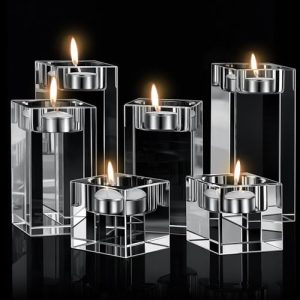 6 Pcs Crystal Tea Light Candle Holders Glass Votive Candle Stands Square Candlestick Holders for Wedding Dining Living Room Centerpiece Decorations, 1.57", 3.15", 3.94"