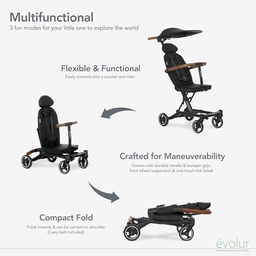 Evolur Cruise Rider Stroller with Canopy, Lightweight Umbrella Stroller with Compact Fold, Easy to Carry Travel Stroller - Noir Black - Image 5