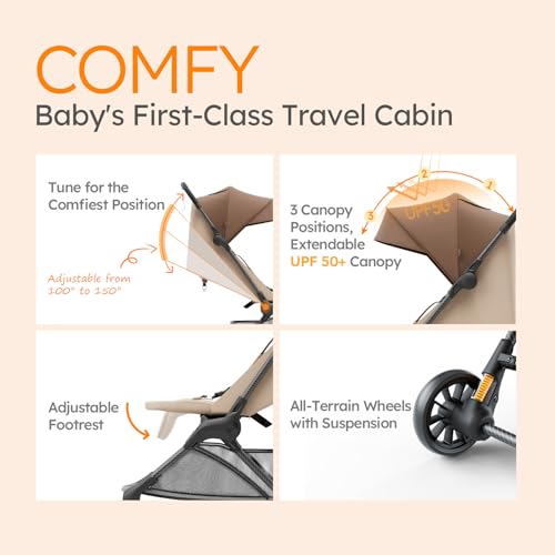 Lightweight Baby Strollers for Airplane, Ultra-Compact Travel Stroller, Light & Strong Portable Toddler Stroller with Carbon Fiber Frame and UPF 50+ Waterproof Canopy, Only 9.9 lbs, Brown - Image 5