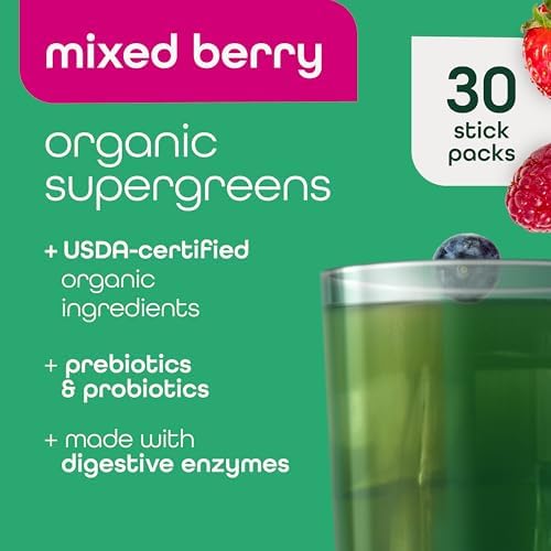 Zena Nutrition Organic Super Greens Powder, 70+ Superfoods, 0 Sugar, 3G Fiber, Spirulina, Chlorella, Antioxidants, Prebiotics/Probiotics, Digestive Enzymes, Mixed Berry, 30 Drink Mix Packets - Image 2