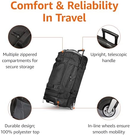 Amazon Basics 35-inch Large Rolling Duffle Bag with Wheels and Handle, Travel Duffle Bag with Durable Ripstop Polyester Material, 2 Layers of Space, Multiple Interior and Exterior Pockets, Black - Image 2