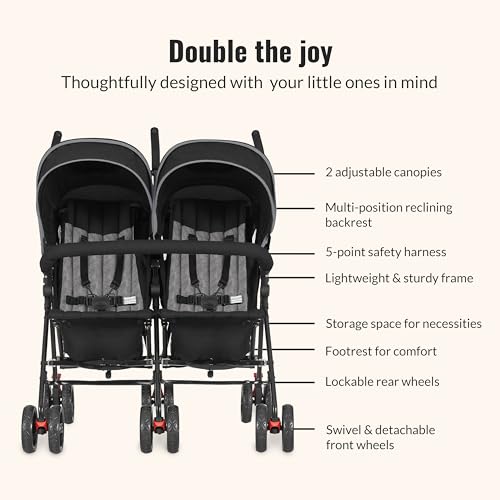 Dream On Me Volgo Twin Umbrella Stroller in Black, Lightweight Double Stroller for Infant & Toddler, Compact Easy Fold, Large Storage Basket, Large and Adjustable Canopy - Image 6