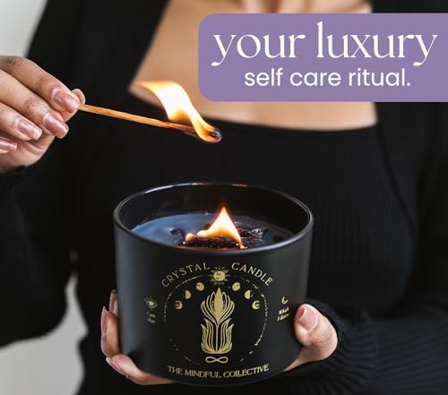Black Crystal Candle for Women - 12oz Wood Wick Candle That Crackles with Natural Soy Wax. Luxurious Slow Burn, for Meditation. Includes Amethyst & Smokey Quartz Crystals - Image 2