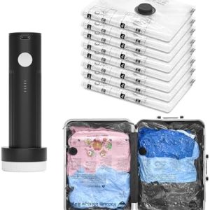 SUOCO Travel Vacuum Bags for Luggage with Portable Electric Pump, 8 Pack Compression Seal Packing Bags for Clothing Suitcase Backpack, Carry on Size Space Saver Clothes Storage Bag
