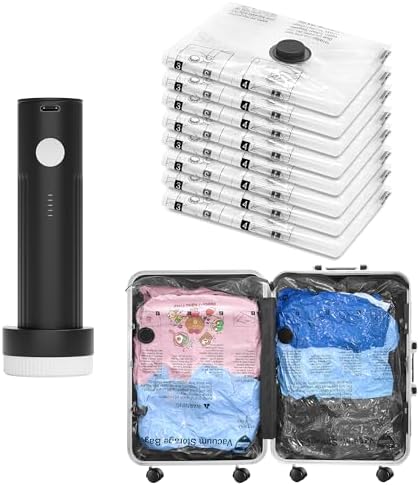 SUOCO Travel Vacuum Bags for Luggage with Portable Electric Pump, 8 Pack Compression Seal Packing Bags for Clothing Suitcase Backpack, Carry on Size Space Saver Clothes Storage Bag
