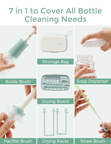 Momcozy Bottle Brush Set - Baby Bottle Cleaner Kit with Silicone Brush, Nipple Brush, Straw Brush, Soap Dispenser, Drying Rack - 7 in 1 Bottle Cleaning Tool for Home and Travel - Image 5