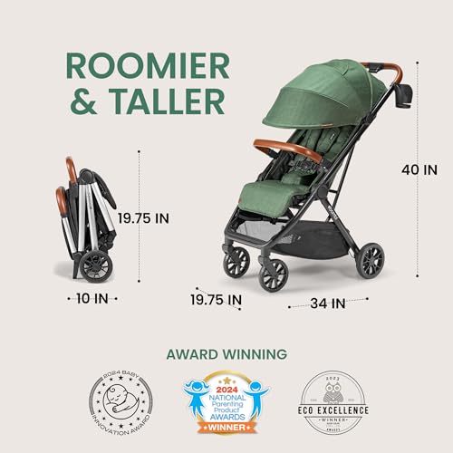 Bombi Bēbee V2 Lightweight Baby Stroller - Premium Vegan Leather, One-Hand Fold, Infinite Recline, Aircraft-Grade Aluminum Frame, XXL Canopy, and Ample Storage Umbrella Stroller - Hunter Green - Image 4