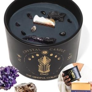 Black Crystal Candle for Women - 12oz Wood Wick Candle That Crackles with Natural Soy Wax. Luxurious Slow Burn, for Meditation. Includes Amethyst & Smokey Quartz Crystals