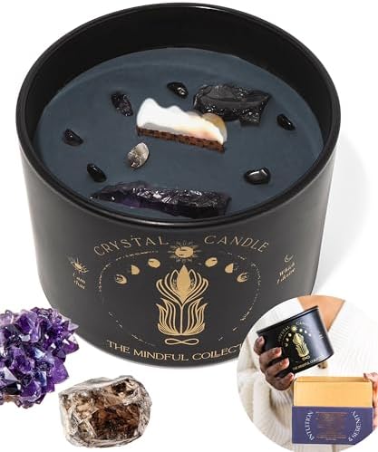 Black Crystal Candle for Women - 12oz Wood Wick Candle That Crackles with Natural Soy Wax. Luxurious Slow Burn, for Meditation. Includes Amethyst & Smokey Quartz Crystals