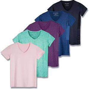 Real Essentials 5 Pack: Women's Dry Fit Short Sleeve V Neck Workout Top - Fitness Gym Athletic Yoga T-Shirt (Plus Available)