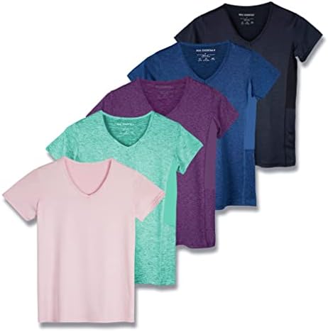 Real Essentials 5 Pack: Women's Dry Fit Short Sleeve V Neck Workout Top - Fitness Gym Athletic Yoga T-Shirt (Plus Available)
