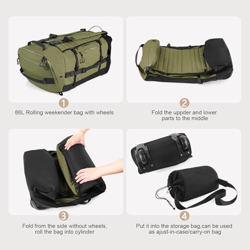Rolling Duffle Bag with Wheels,86L 30”Folding Duffle Backpack with 2 Wheels,Travel Bag with Separate Shoe Compartment,Green - Image 3