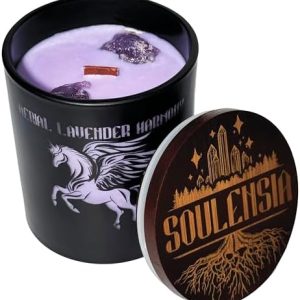 Lavender Candle with Amethyst Crystals & Pegasus Engraving - Handcrafted 9oz Soy Wax Crystal Candle, Wooden Wick, 50H Burn Time, Gift Box - Relaxation, Meditation, Aromatherapy