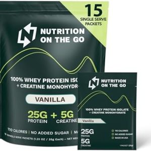 Travel Whey Protein Isolate Packets – Single-Serve Protein Powder – 25g Protein + 5g Creatine – Vanilla (15-Pack)