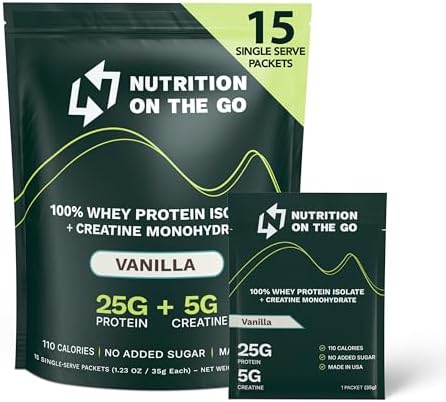 Travel Whey Protein Isolate Packets – Single-Serve Protein Powder – 25g Protein + 5g Creatine – Vanilla (15-Pack)