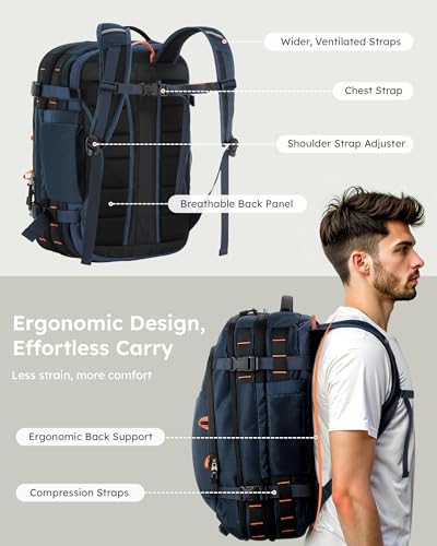 Tolaccea Travel Backpack, TSA Friendly Flight Approved Carry-on Luggage Water-resistant Business Rucksack, Durable Large Computer Bag Daypack Fits 15.6 Inch Laptop, 35-45L Expandable - Navy - Image 8