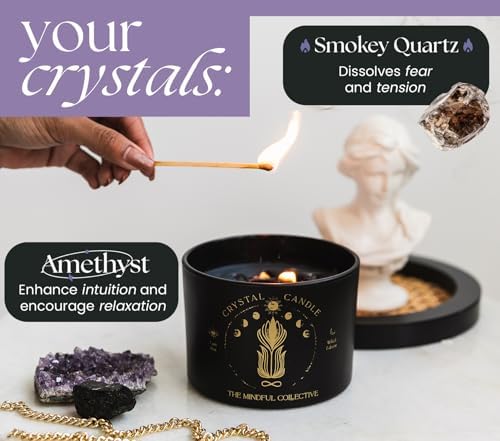 Black Crystal Candle for Women - 12oz Wood Wick Candle That Crackles with Natural Soy Wax. Luxurious Slow Burn, for Meditation. Includes Amethyst & Smokey Quartz Crystals - Image 3