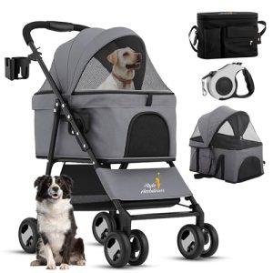 3 in 1 Pet Stroller - Foldable Dog Stroller & Pet Carrier - Included with Storage Bag, Cup Holder & Pet Leach - Cat Carrier with Detachable Basket & Breathable Canopy (Grey)
