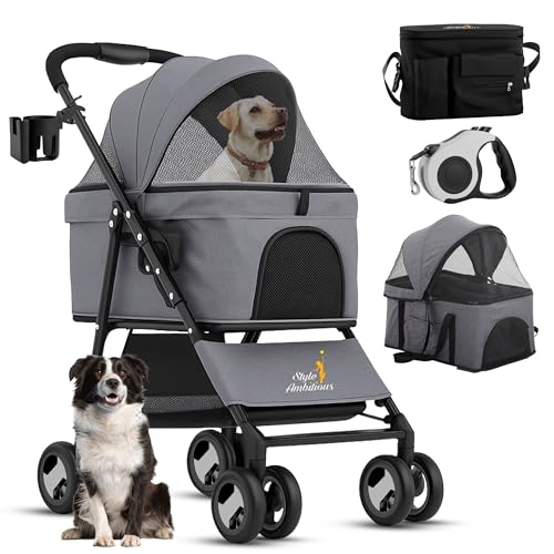 3 in 1 Pet Stroller - Foldable Dog Stroller & Pet Carrier - Included with Storage Bag, Cup Holder & Pet Leach - Cat Carrier with Detachable Basket & Breathable Canopy (Grey)