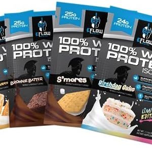 eFlow Nutrition Whey Protein Sample Variety - Isolate Protein Powder Samples, Low Calorie, Fast-digesting, Premium Quality, Travel Packs, Low Carb (4 Pack)