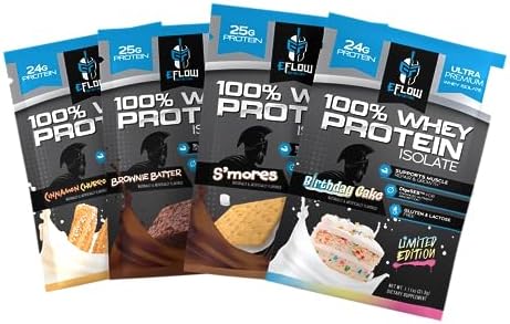 eFlow Nutrition Whey Protein Sample Variety - Isolate Protein Powder Samples, Low Calorie, Fast-digesting, Premium Quality, Travel Packs, Low Carb (4 Pack)