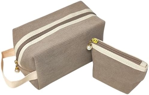 Tristan Home Luxury Waffle Texture Cosmetic/Toiletry Bag Set, Pink with Pearl Zipper Pull, Travel Makeup Toiletry Cloth Pouch Set, Small and Medium, Light Brown