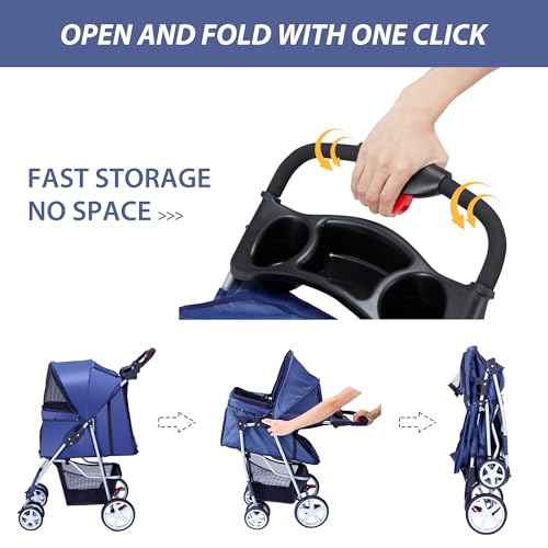 4 Wheels Pet Stroller for Small Medium Dogs Cats 10-33 lbs, Foldable Dog and Cat Stroller with Cup Holder & Storage Basket & Breathable Mesh, Pet Strolling Cart for All-Season, Navy Blue - Image 7