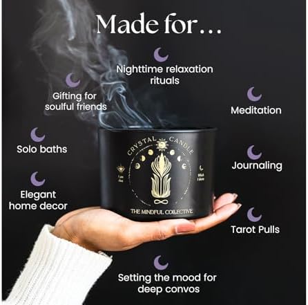 Black Crystal Candle for Women - 12oz Wood Wick Candle That Crackles with Natural Soy Wax. Luxurious Slow Burn, for Meditation. Includes Amethyst & Smokey Quartz Crystals - Image 5