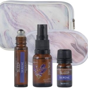 SpaRoom Serene Essential Oil Travel Kit with Eye Mask and Bag; Linen Spray, Essential Oil and Topical Roll-on, Pink Marble