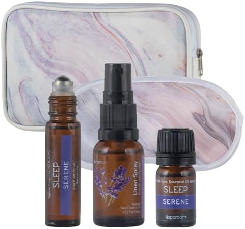 SpaRoom Serene Essential Oil Travel Kit with Eye Mask and Bag; Linen Spray, Essential Oil and Topical Roll-on, Pink Marble