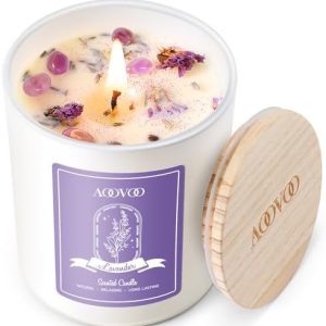 AOOVOO Lavender Scented Candles for Women - Aromatherapy Candle with Crystals Inside, 10oz Soy Candles for Home Scented, Birthday Gifts Mothers Day Candle for Women Mom