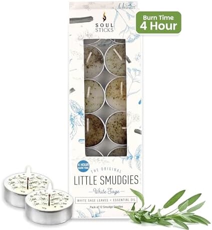 SOUL STICKS 12 Pack Little Smudgies Tealight Candles Smudge Candle for Cleansing House, Meditation, Chakra Healing | Made with Crystals and Herbs (White Sage) - Image 8