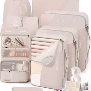 10 Set/8 Set Packing Cubes for Travel, Gifts for Women Mom,Anti-Tearing Suitcase Organizer for Luggage with Shoe & Hanging Toiletry Bag,OlarHike Vacation Essentials & Accessories for Cruise Ship,Cream