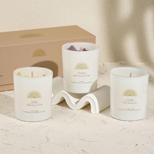 Soy Candles with Healing Crystals. Amethyst, Lazurite, Citrine Crystal. Lavender, Sea Salt & Orchid, French Vanilla. Positivity Energy Gift for Women, 3PC Scented Candle Set 3.5 oz Each - Image 4