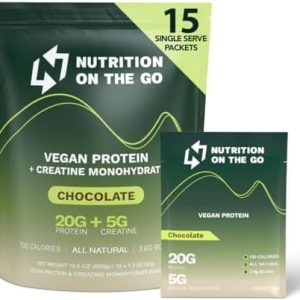 Travel Vegan Protein Powder Packets – Single-Serve Plant-Based Protein + Creatine – 20g Protein + 5g Creatine – All-Natural, Gluten-Free, No Artificial – Chocolate – (15-Pack)