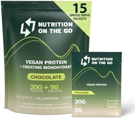 Travel Vegan Protein Powder Packets – Single-Serve Plant-Based Protein + Creatine – 20g Protein + 5g Creatine – All-Natural, Gluten-Free, No Artificial – Chocolate – (15-Pack)