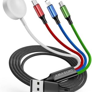 Travel Essentials 4 in 1 iWatch & iPhone Charger,Multi Charging Cable for Apple Watch Charger USB C Micro Nylon Compatible with iWatch Ultra/SE/10/9/8/7/6/5/4/3/iPhone 16/15/14/13 Galaxy Phone(4FT)