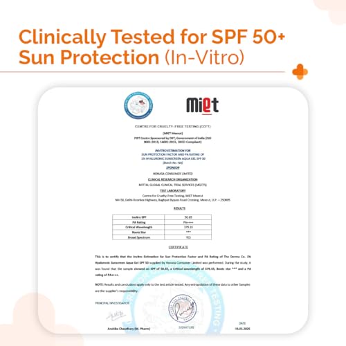The Derma Co 1% Hyaluronic Sunscreen Aqua Gel with SPF 50 & PA++++ | Broad Spectrum UVA/B & Blue Light Protection | Lightweight & Quick Absorbing with Vitamin E | 1.76 Oz/50g - Image 6