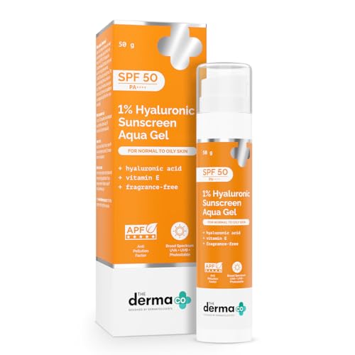 The Derma Co 1% Hyaluronic Sunscreen Aqua Gel with SPF 50 & PA++++ | Broad Spectrum UVA/B & Blue Light Protection | Lightweight & Quick Absorbing with Vitamin E | 1.76 Oz/50g